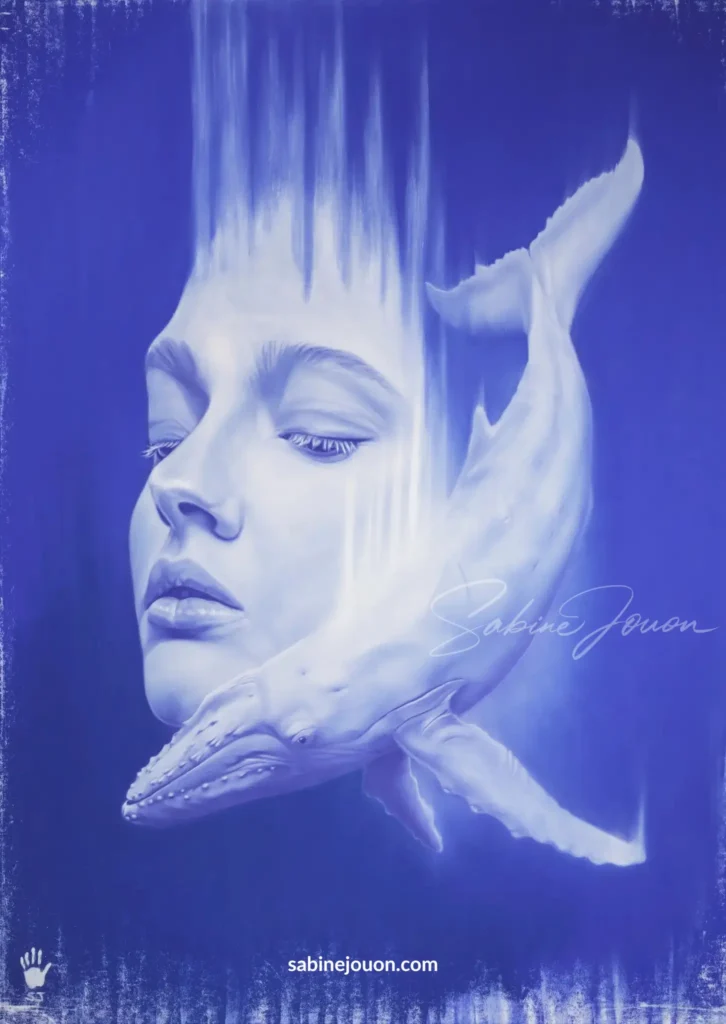 Portrait monochrome bleu de l'œuvre Immersion, réalisé au pastel sec par l'artiste Sabine Jouon pour la collection Outrebleu