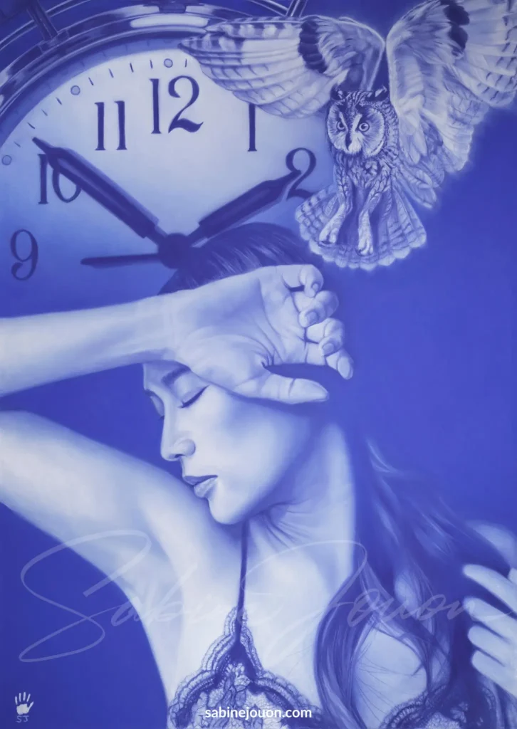 Portrait monochrome bleu de l'œuvre Insomnie, réalisé au pastel sec par l'artiste Sabine Jouon pour la collection Outrebleu.
