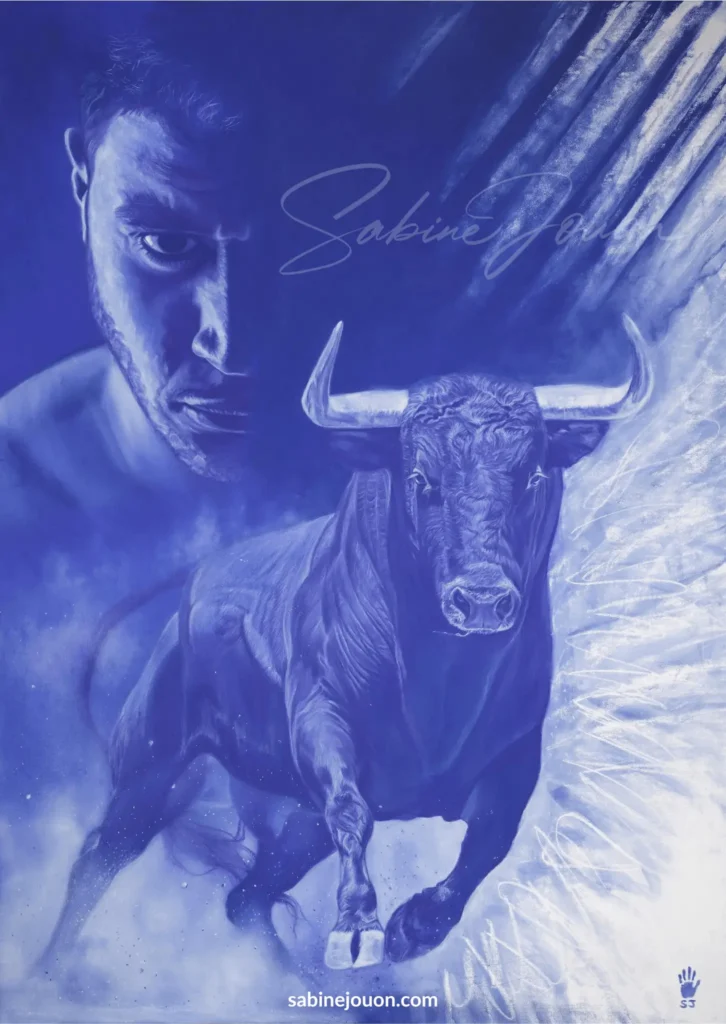Portrait monochrome bleu de l'œuvre "Je suis prêt", réalisé au pastel sec par l'artiste Sabine Jouon pour la collection Outrebleu.