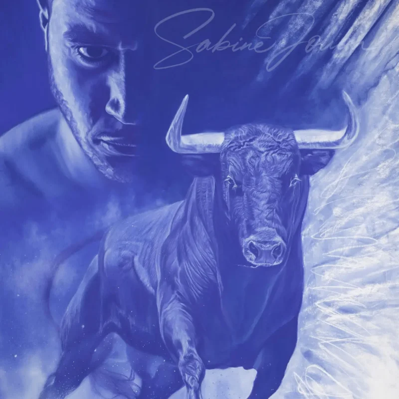 Portrait monochrome bleu de l'œuvre "Je suis prêt", réalisé au pastel sec par l'artiste Sabine Jouon pour la collection Outrebleu.